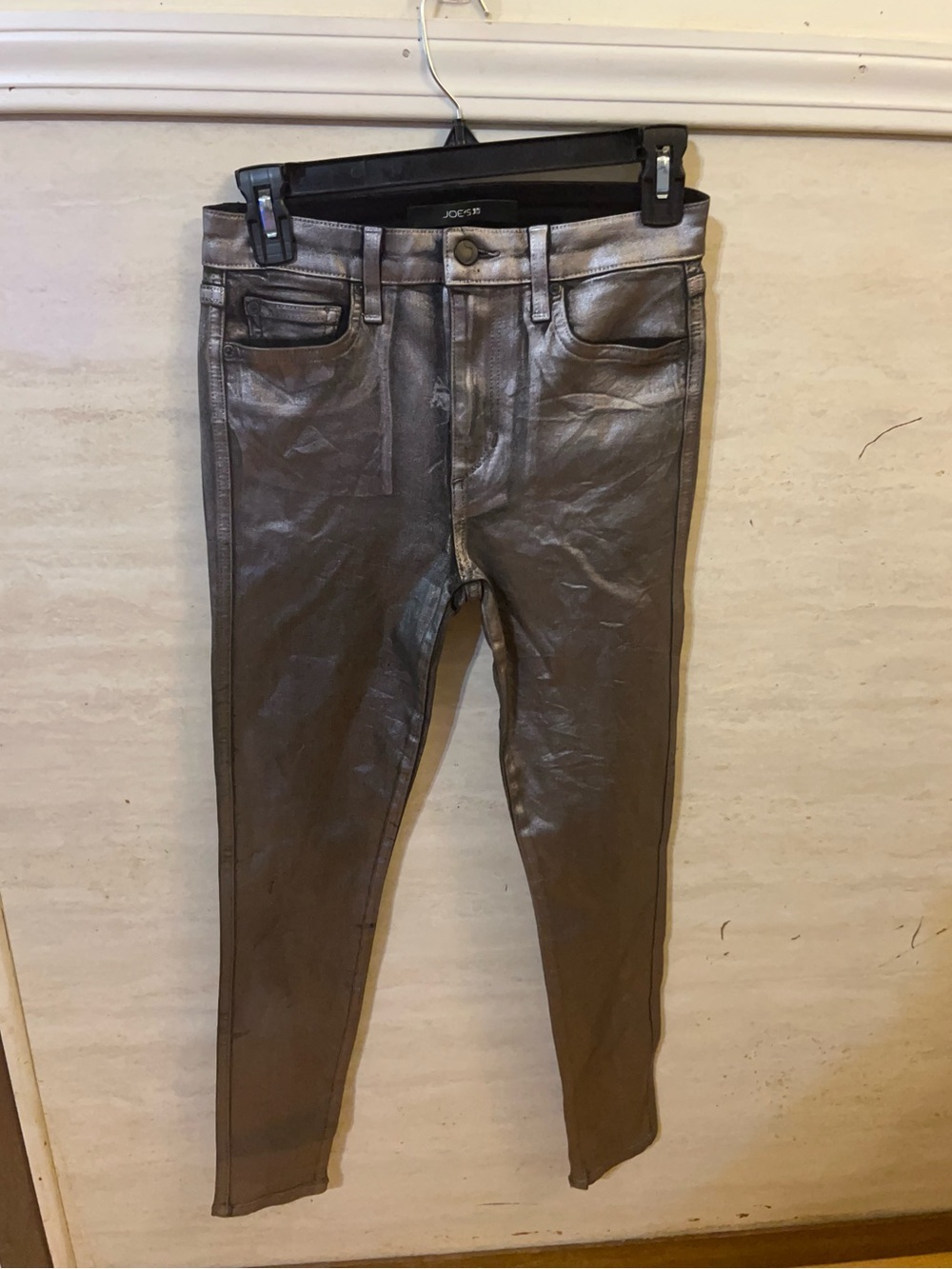 Joe's Jeans "The Charlie" High-Rise Skinny Ankle Jeans Silver Metallic Coated